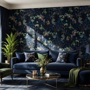 May include: A dark blue velvet sofa with matching throw pillows, a green armchair, a round marble coffee table, and a dark blue ottoman. The wall features dark floral wallpaper with blue, green, and white botanical patterns and foliage.