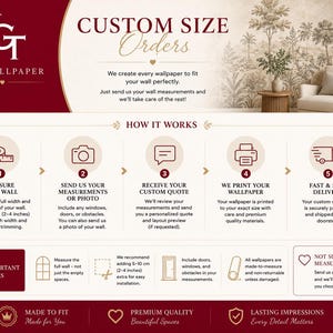 May include: An infographic for custom wallpaper orders by YGTWallpaper. It outlines a five-step process: measure your wall, send measurements or photos, receive a quote, printing, and delivery. Includes important notes on measuring and installation.