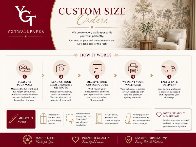 May include: An infographic for custom wallpaper orders by YGTWallpaper. It outlines a five-step process: measure your wall, send measurements or photos, receive a quote, printing, and delivery. Includes important notes on measuring and installation.