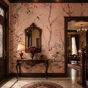 Blush Pink Chinoiserie Wallpaper | Vintage Floral Bird Wallpaper Mural | Peel and Stick Wallpaper | Cottagecore Wall Decor