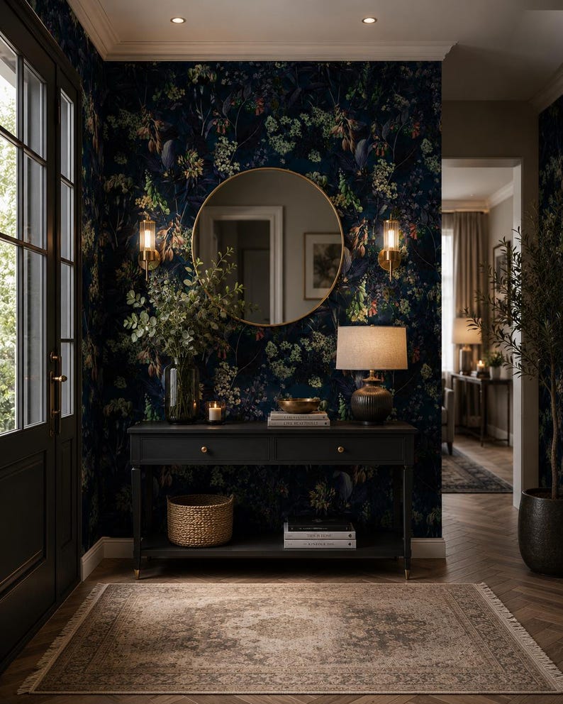 May include: A dark charcoal console table with two drawers and a lower shelf, positioned against a wall with dark floral wallpaper. The table holds a glass vase with greenery, a candle, a bowl, and a lamp, with a round gold mirror above it.