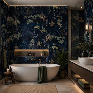 May include: A bathroom featuring a white oval freestanding bathtub, a dark wood vanity with a white vessel sink, and walls covered in dark blue floral wallpaper. A wooden stool, a green towel, and potted plants are placed around the room.