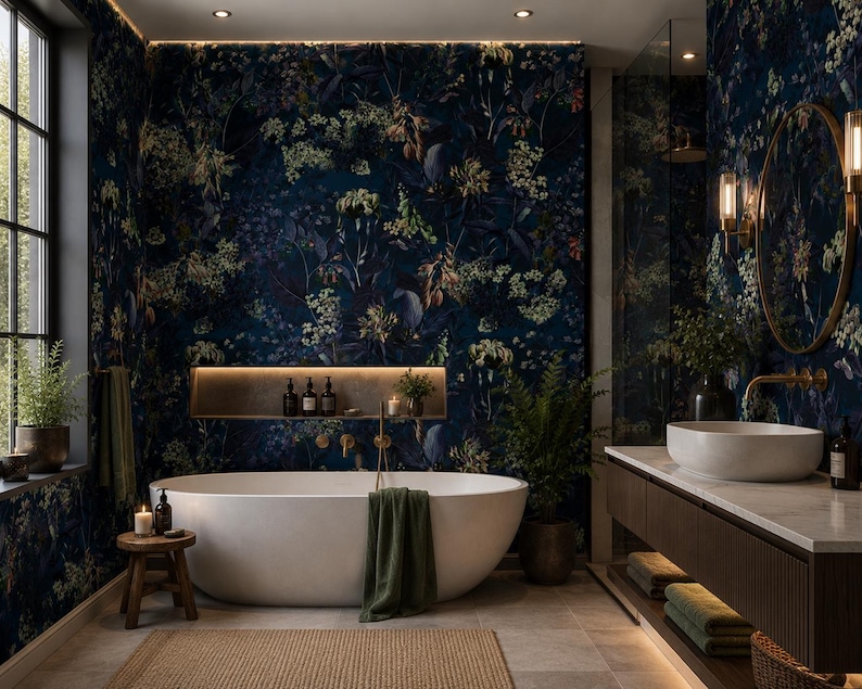 May include: A bathroom featuring a white oval freestanding bathtub, a dark wood vanity with a white vessel sink, and walls covered in dark blue floral wallpaper. A wooden stool, a green towel, and potted plants are placed around the room.