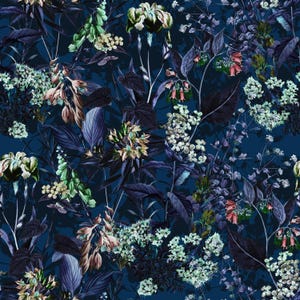 Dark moody botanical wallpaper featuring vintage navy blue flowers and lush floral foliage in a seamless maximalist pattern for luxury interior walls.