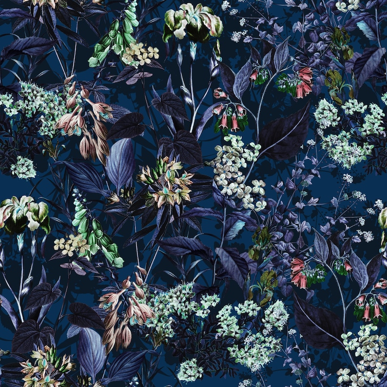 Dark moody botanical wallpaper featuring vintage navy blue flowers and lush floral foliage in a seamless maximalist pattern for luxury interior walls.
