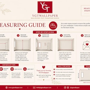 May include: A measuring guide infographic for YGTwallpaper featuring a five-step process to measure wall width and height, including tips for obstacles, adding extra allowance, and sending measurements. The document uses red text and icons.