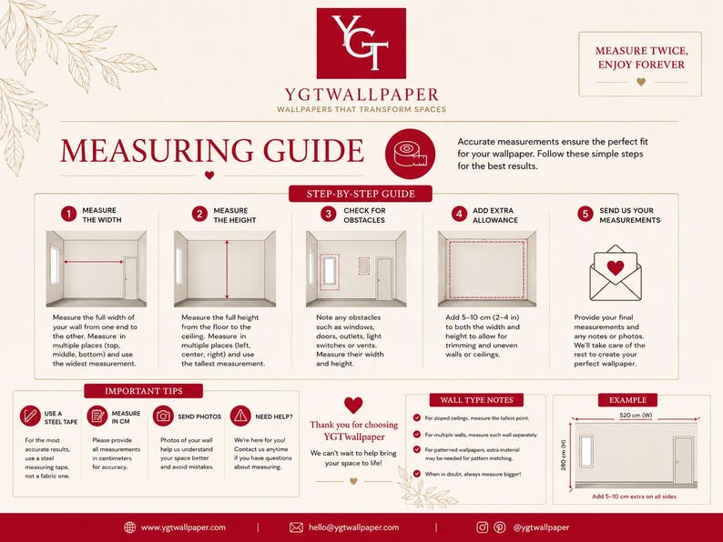 May include: A measuring guide infographic for YGTwallpaper featuring a five-step process to measure wall width and height, including tips for obstacles, adding extra allowance, and sending measurements. The document uses red text and icons.