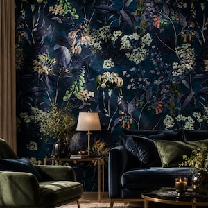 Dark moody botanical wallpaper featuring vintage navy blue flowers and lush floral foliage in a seamless maximalist pattern for luxury interior walls.