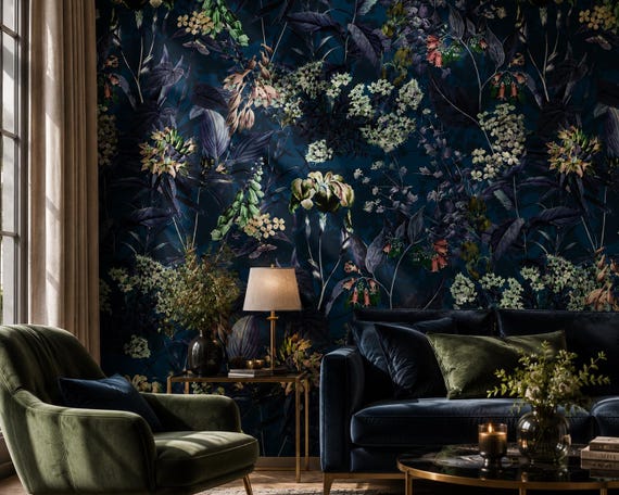 Dark Moody Botanical Wallpaper, Peel and Stick Floral Wallpaper, Navy Blue Vintage Flower Wall Mural, Maximalist Botanical Decor