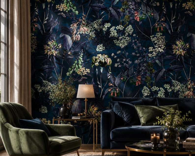 Dark moody botanical wallpaper featuring vintage navy blue flowers and lush floral foliage in a seamless maximalist pattern for luxury interior walls.