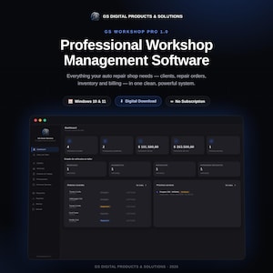 May include: GS Workshop Pro 1.0 professional workshop management software for auto repair shops. The interface features a dark-themed dashboard with metrics for clients, repair orders, inventory, and billing. Compatible with Windows 10 and 11.
