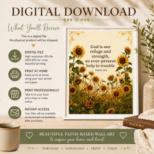 Op de afbeelding: Een digitale wandkunstprint met een veld vol gele zonnebloemen en de tekst God is our refuge and strength, an ever-present help in trouble Psalm 46:1. Het kunstwerk wordt getoond in een witte lijst met bijbehorende informatieve tekst.