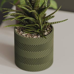 May include: A cylindrical olive green plant pot featuring a textured chevron pattern on the exterior. The pot contains a succulent with pointed, dark green leaves marked with horizontal white stripes, and the soil is covered with small light-colored stones.