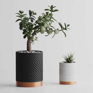 May include: A large black cylindrical planter with a textured chevron pattern and a copper-colored base containing a jade plant, paired with a smaller white cylindrical planter with a matching chevron pattern and copper base containing a succulent.