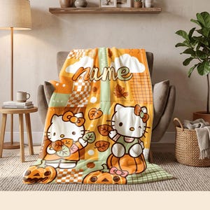 Karierte Herbstdecke mit Katzenmotiv, Einzeldecke, Schlafsaaldecke, Hoteldecke, personalisierte Namensbezüge, Einzeldecken, fröhliches, lässiges Geschenk