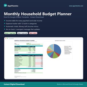 May include: A digital Monthly Household Budget Planner template for Excel and Google Sheets. The interface displays income tables, expense trackers with 12 categories, automatic totals, and a pie chart for spending. Features colour-coded cells.