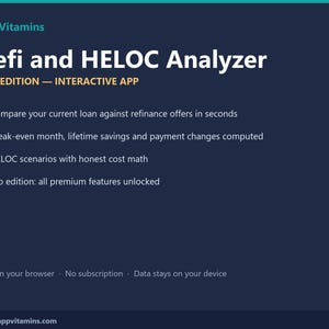 Op de afbeelding: Een donkerblauwe digitale interface voor de interactieve app AppVitamins Refi and HELOC Analyzer Pro Edition. Het bevat functies zoals leningvergelijking, break-even analyse, levenslange besparingen, betalingswijzigingen en HELOC-kosten.