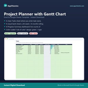 May include: A digital project planner template for Excel and Google Sheets featuring a Gantt chart. The interface displays a task list with columns for owner, start date, end date, duration, and status. It uses a color-coded system for data entry.