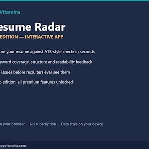 Op de afbeelding: Een donkerblauwe digitale interface voor de interactieve app AppVitamins Resume Radar Pro Edition. Het toont functies zoals ATS-stijl cv-scores, trefwoorddekking en premium toegang. De tekst bevat informatie over browsercompatibiliteit en gegevensprivacy.