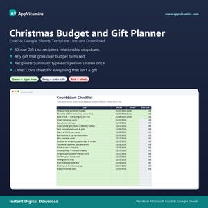 May include: A digital Christmas Budget and Gift Planner template for Excel and Google Sheets. The interface displays a Countdown Checklist with columns for tasks, due dates, completion status, and days left, featuring green and gray cells.