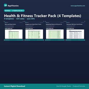 Könnte beinhalten: Ein digitales Gesundheits- und Fitness-Tracker-Paket mit vier Vorlagen: Macro and Fitness Tracker, Ketogenic Low-Protein Macro Tracker, Weekly Meal Planner and Grocery List und Thermomix TM6 Power Snack Recipes, dargestellt auf einem dunklen Hintergrund.