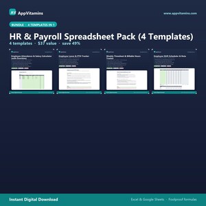 Könnte beinhalten: Ein digitales Paket mit vier HR- und Gehaltsabrechnungs-Tabellenvorlagen namens AppVitamins HR & Payroll Spreadsheet Pack. Das Set enthält einen Anwesenheits- und Gehaltsrechner, einen Urlaubsplaner, eine Zeiterfassung für wöchentliche Arbeitsstunden sowie einen Schichtplaner für Excel und Google Sheets.