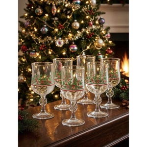 Libbey Vintage Clear Glass Stemmed Goblets Christmas Holly Berries Red/Green (6)