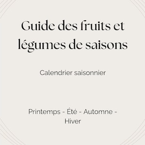 Peut inclure: Une affiche beige clair intitulée Guide des fruits et légumes de saisons, avec le sous-titre Calendrier saisonnier, listant les quatre saisons : Printemps, Été, Automne et Hiver en texte noir avec de fines lignes circulaires.