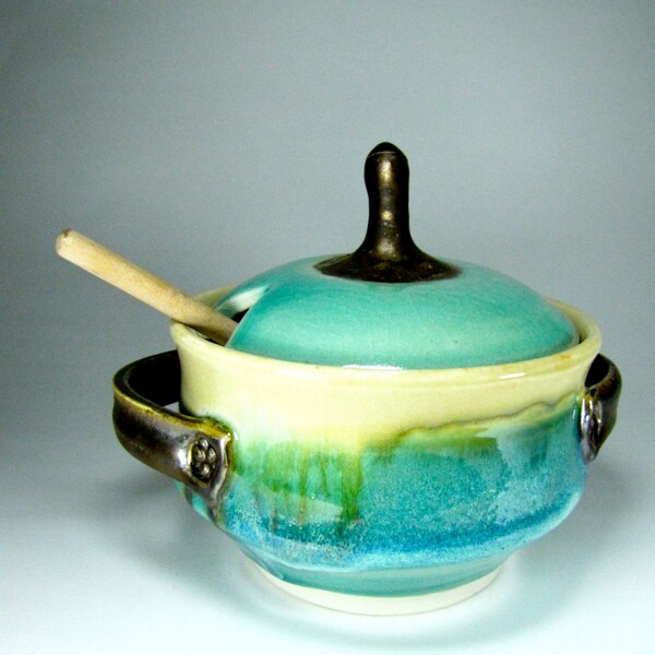 Pote de la miel-miel azul Jar - dispensador de la miel-tarro de miel-miel cerámica Jar - tarro de cerámica tarro de miel - miel-miel verde azul del pote - en existencia