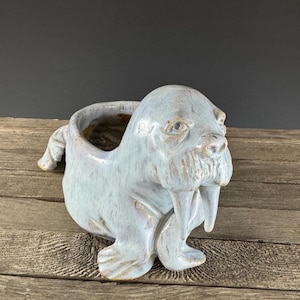 May include: A light blue ceramic walrus planter with a detailed face, tusks, and flippers. The planter has a hollowed-out interior for holding small plants or decorative items. The walrus is sitting on a wooden surface.