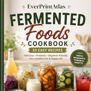 May include: A cookbook titled EverPrintAtlas Fermented Foods Cookbook with 50 Easy Recipes. The cover features jars of sauerkraut, kimchi, pickles, a glass of red berry drink, and a bottle of liquid, with text highlighting simple ingredients and benefits.