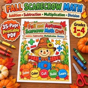 Höstfågelskrämma matematikövningsblad, addition, subtraktion, multiplikation, division, utskrivbar mattepyssel i PDF-format