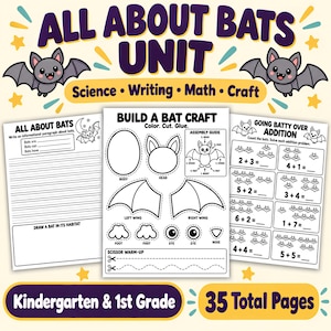 以下が含まれることがあります： 幼稚園および小学1年生向けの「All About Bats Unit」と題された3枚の印刷可能なワークシート。書き込み用ページ、切り抜いて作るコウモリの工作テンプレート、および足し算の計算問題が含まれています。