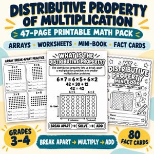 May include: A 47-page printable math pack titled Distributive Property of Multiplication for grades 3-4. Includes worksheets, a mini-book, and 80 fact cards. The pages feature array break-apart practice, multiplication problems, and instructional diagrams.