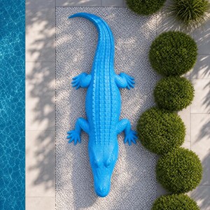Peut inclure: Une grande sculpture de crocodile bleu vif avec une surface texturée et écailleuse. La figurine est représentée dans une perspective de haut en bas, montrant une longue queue incurvée, quatre pattes écartées avec des griffes visibles.