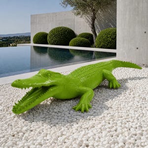 Peut inclure: Une grande sculpture de crocodile vert citron vif avec une surface texturée et écailleuse et une gueule ouverte, posée sur un lit de pierres décoratives blanches. La sculpture présente des yeux détaillés, des dents acérées et quatre pattes.