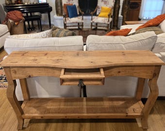 Rustikaler Sofatisch im Vintage-Stil, geschwungene Beine, Landhauskonsole mit Schublade