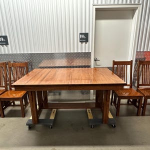 Mission Oak Arts & Crafts Dining Set Stickley Style Trestle Table w 4 Slat Back Chairs [shipping is not free please see description]