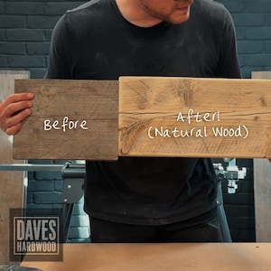 Puede incluir: Dos tablas de madera rectangulares mostradas lado a lado. La tabla izquierda es gris oscuro y desgastada, etiquetada como "Before". La tabla derecha es de color canela claro con veta visible, etiquetada "After! (Natural Wood)". Ambas tienen textura.
