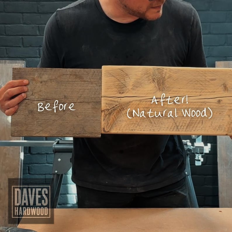 Puede incluir: Dos tablas de madera rectangulares mostradas lado a lado. La tabla izquierda es gris oscuro y desgastada, etiquetada como "Before". La tabla derecha es de color canela claro con veta visible, etiquetada "After! (Natural Wood)". Ambas tienen textura.