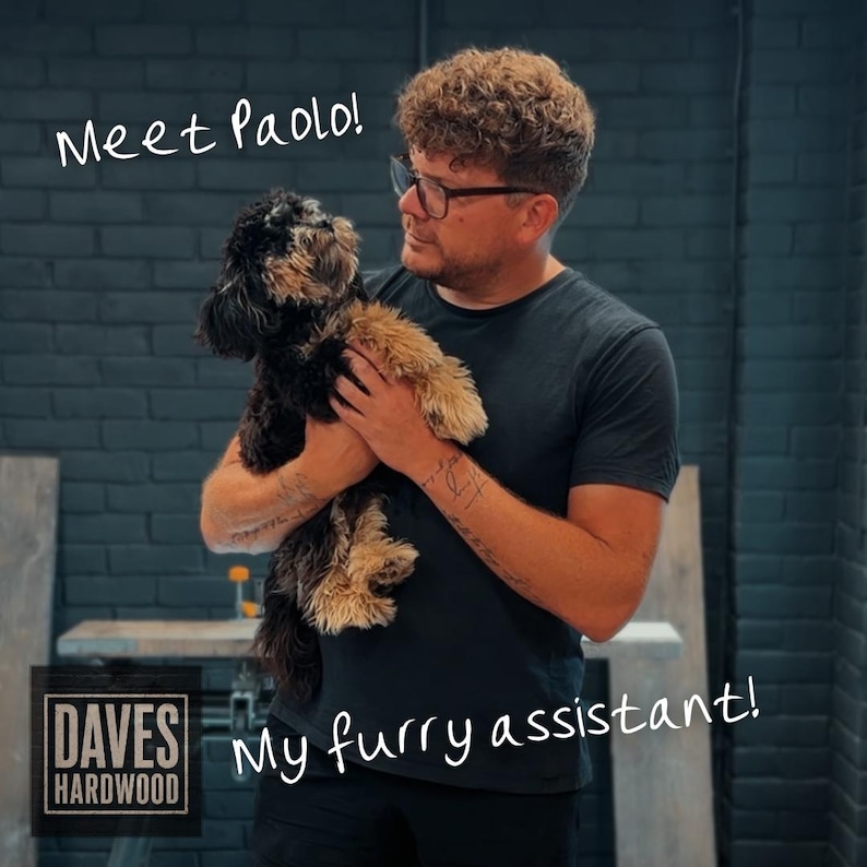 Puede incluir: Una persona con cabello casta&ntilde;o rizado y gafas lleva una camiseta oscura y sostiene a un perro peque&ntilde;o negro y fuego. El texto "Meet Paolo!" y "My furry assistant!" es visible, junto con el logo "DAVES HARDWOOD" sobre un fondo de ladrillo oscuro.