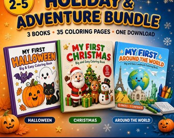 Holiday Adventure Coloring Bundle | Halloween, Christmas, World Travel (PDF Download)