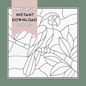 Peut inclure: Un motif en noir et blanc représentant un perroquet perché sur une branche avec des feuilles. Une bannière rose contient le texte KINUSAIGA INSTANT DOWNLOAD 3 SIZES. Le dessin est encadré dans un carré avec des sections segmentées.