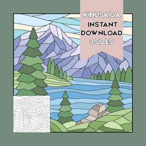 May include: A digital Kinusaiga pattern featuring a mountain landscape with a lake, pine trees, and rocks. The design includes a stained-glass style illustration in shades of blue, green, and purple, with a small black and white line art version in the corner. Text reads: KINUSAIGA INSTANT DOWNLOAD 3 SIZES.