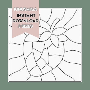 May include: A black and white line art drawing of a strawberry in a stained glass style. A pink banner overlay at the top contains the text KINUSAIGA INSTANT DOWNLOAD 3 SIZES in black capital letters. The design features segmented shapes.