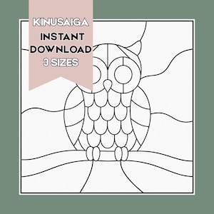 May include: A black and white line art pattern of an owl perched on a branch, featuring a square frame. A pink banner overlay contains the text KINUSAIGA INSTANT DOWNLOAD 3 SIZES in black capital letters, centered over the owl illustration.