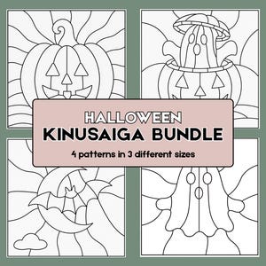 May include: A Halloween Kinusaiga bundle featuring four black and white line art patterns. The designs include a jack-o'-lantern, a ghost in a pumpkin, a bat with a crescent moon, and a ghost. Text reads: HALLOWEEN KINUSAIGA BUNDLE 4 patterns in 3 different sizes.
