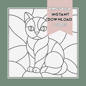 May include: A black and white line art drawing of a cat in a stained glass style, set within a square frame. A pink banner overlay contains the black text KINUSAIGA INSTANT DOWNLOAD 3 SIZES. The design features bold outlines and geometric shapes.