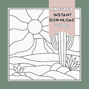 May include: A black and white line art illustration of a desert landscape featuring a sun, a mountain, and a cactus. A pink banner overlay contains the text KINUSAIGA INSTANT DOWNLOAD 3 SIZES in black capital letters.