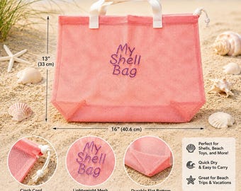Personalized Embroidered Mesh Beach Bag, Shell Collecting Bag, Sand Toy Bag, Kids Beach Tote, Beach Vacation Gift